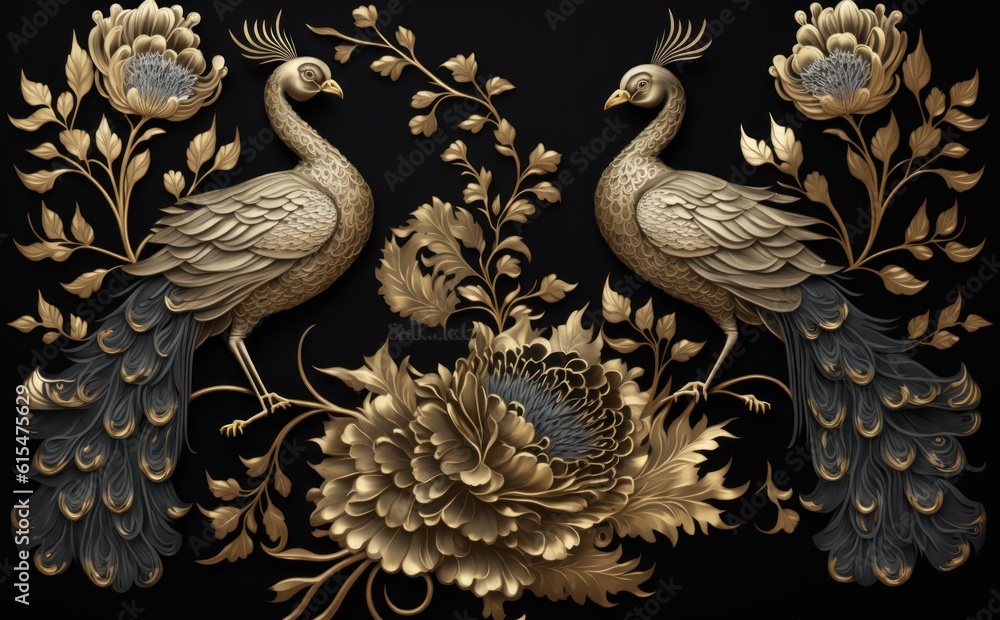 Elegant leather base golden floral seamless damask flowers with golden peacocks isolated