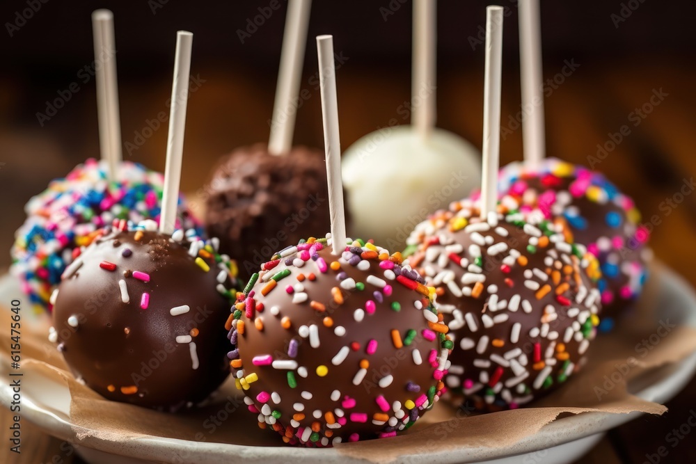 delicious cake pops decorated with frosting chocolate and sprinkles