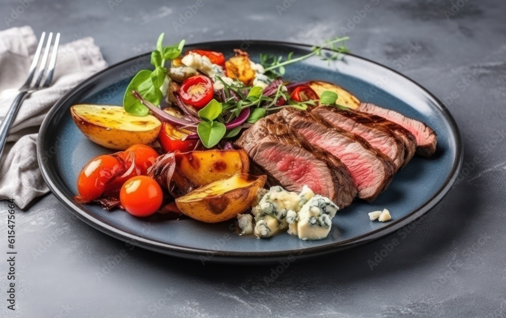 Delicious appetizer, tapas, lunch plate - beef steak, vegetables salad