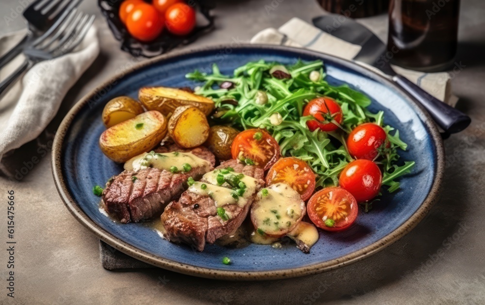 Delicious appetizer, tapas, lunch plate - beef steak, vegetables salad