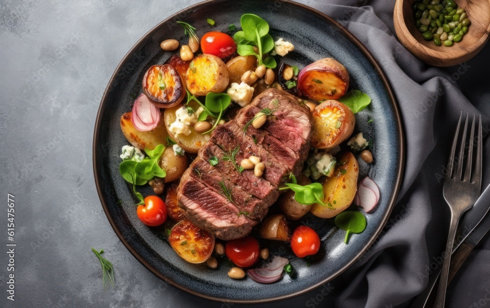 Delicious appetizer, tapas, lunch plate - beef steak, vegetables salad