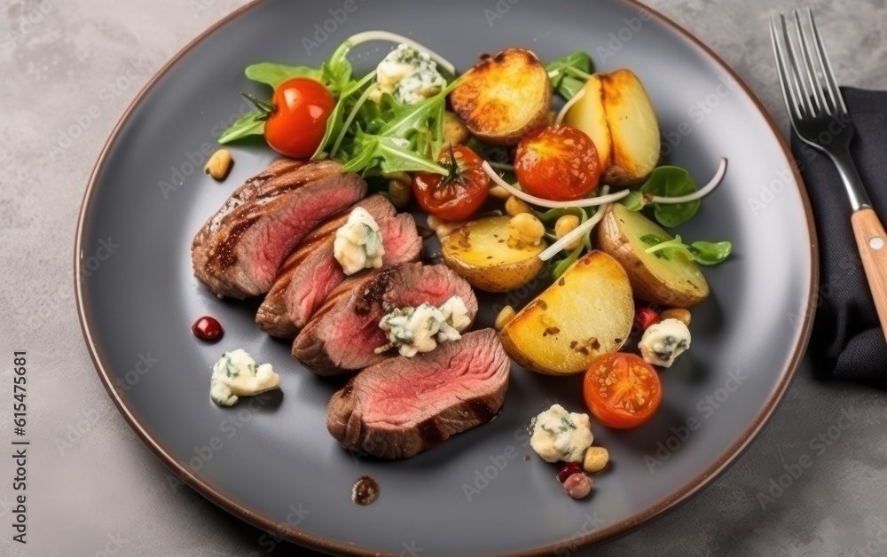 Delicious appetizer, tapas, lunch plate - beef steak, vegetables salad