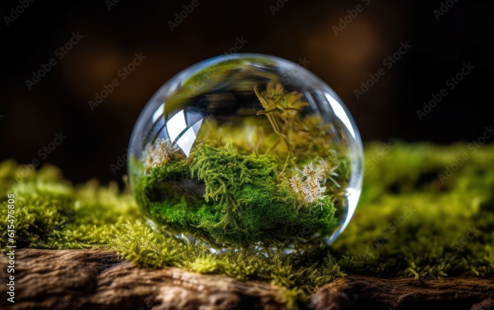 Crystal globe putting on moss with environment icon, Save world