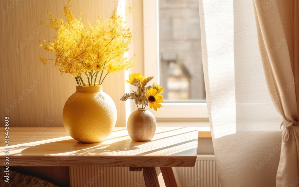 Cozy home interior. Beige wooden table with yellow vase in the sunlight