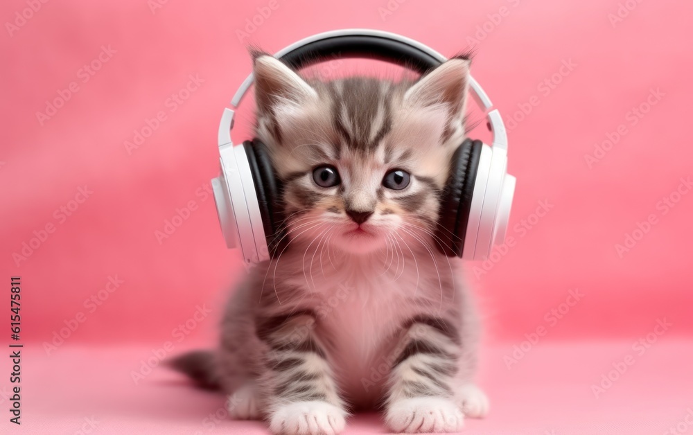 Cute kitten wearing trendy headphones listening to music. Fashion pink background