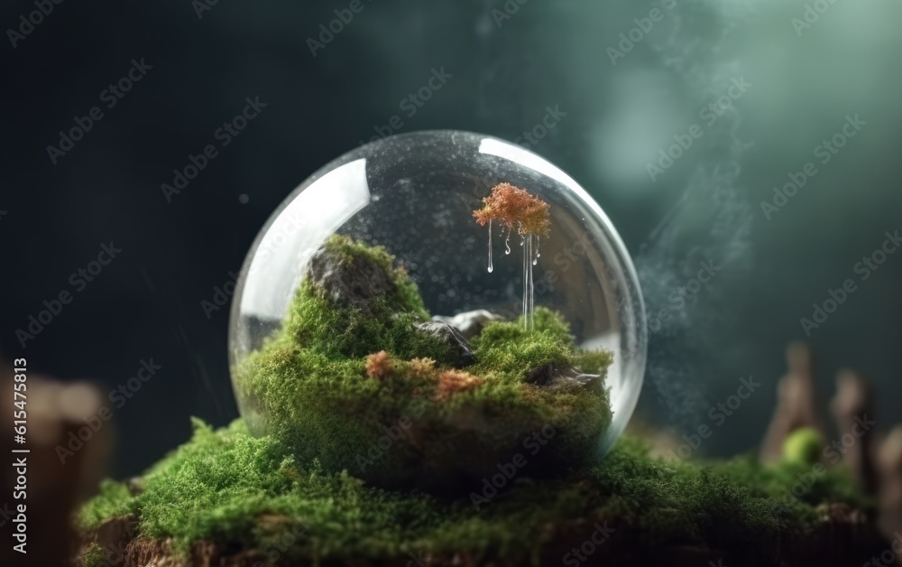 Crystal globe putting on moss with environment icon, Save world