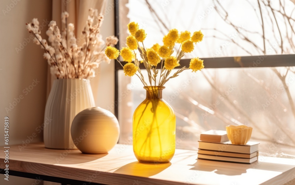 Cozy home interior. Beige wooden table with yellow vase in the sunlight