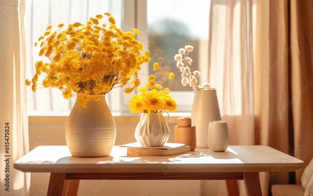 Cozy home interior. Beige wooden table with yellow vase in the sunlight