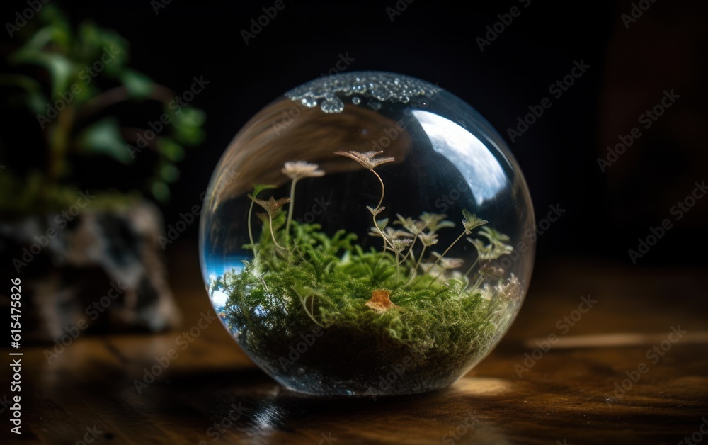 Crystal globe putting on moss with environment icon, Save world