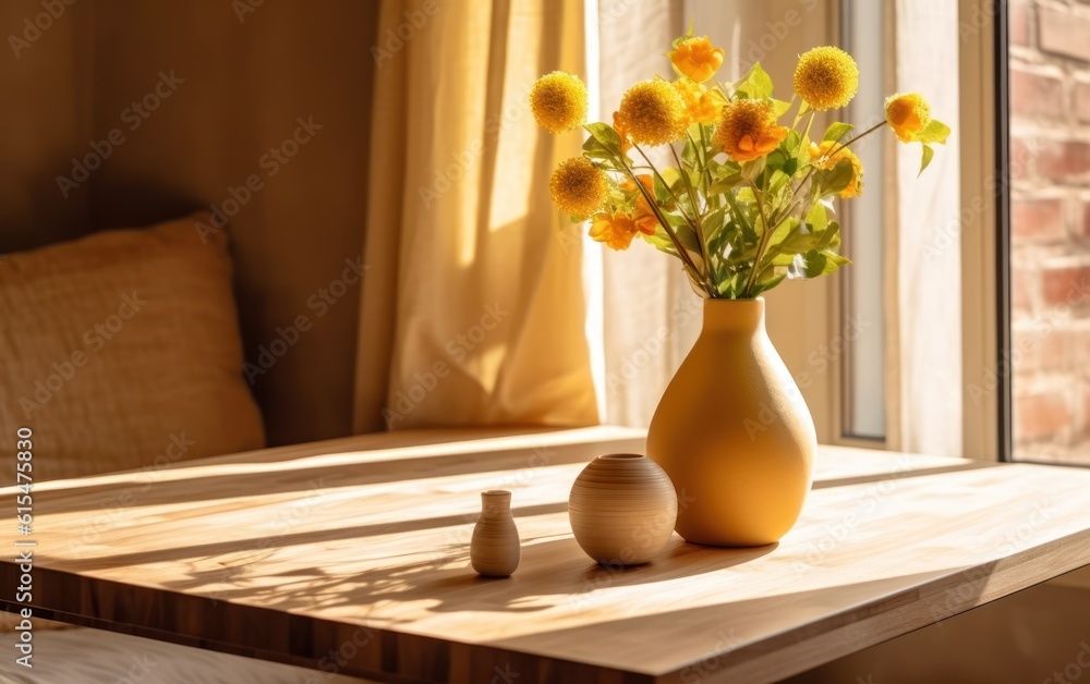 Cozy home interior. Beige wooden table with yellow vase in the sunlight