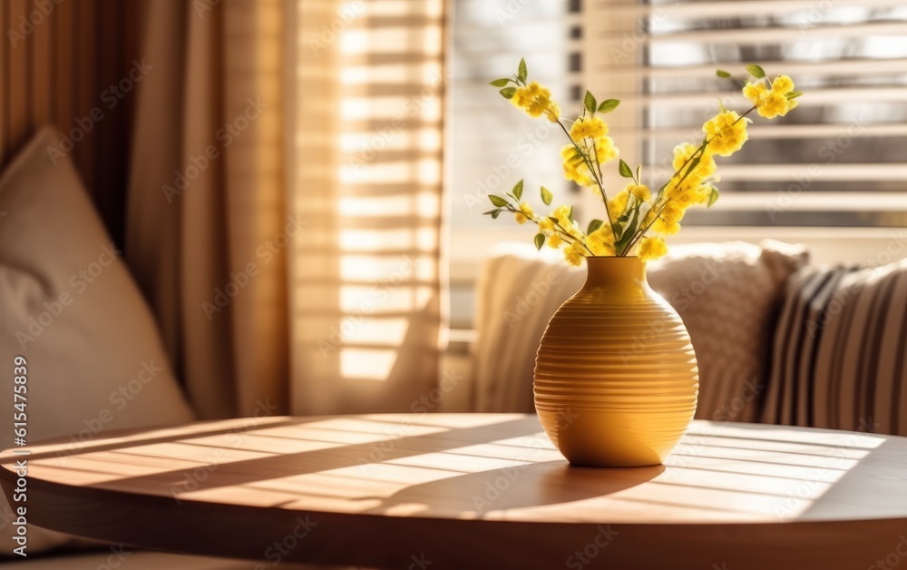 Cozy home interior. Beige wooden table with yellow vase in the sunlight