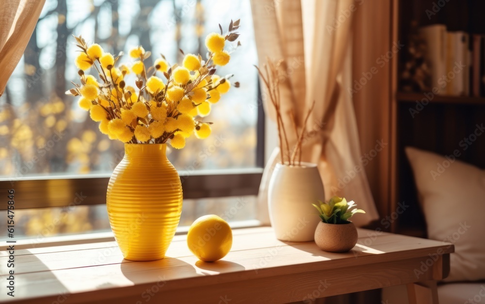 Cozy home interior. Beige wooden table with yellow vase in the sunlight