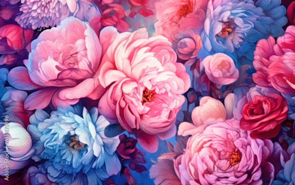 Colorful peony and roses flowers. Floral background