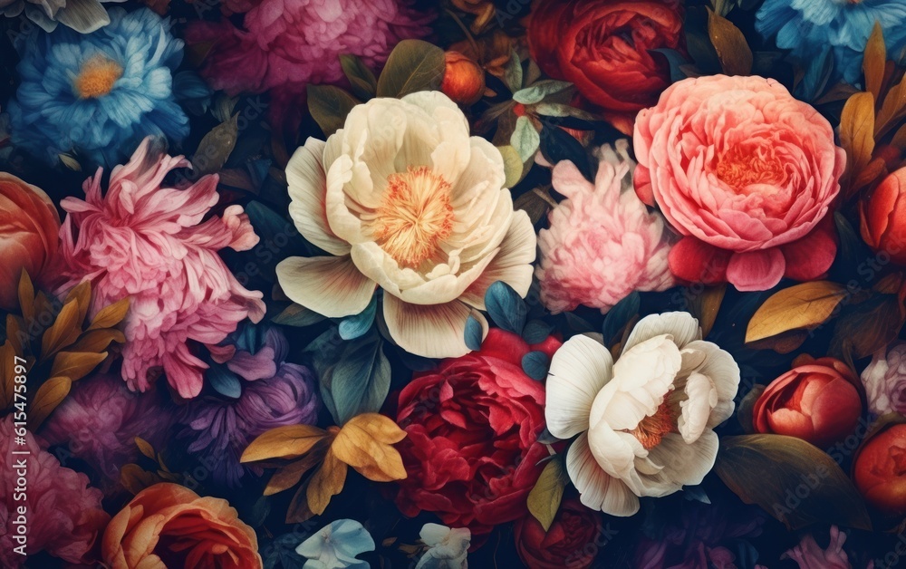 Colorful peony and roses flowers. Floral background