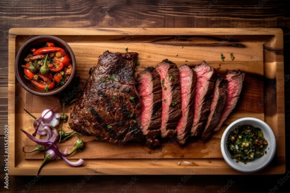 barbecue bavette steak with salt and pepper served as top view