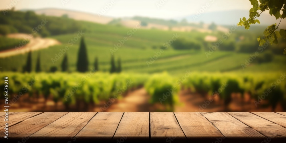 An empty wooden table for product display. blurred french vineyard in the background