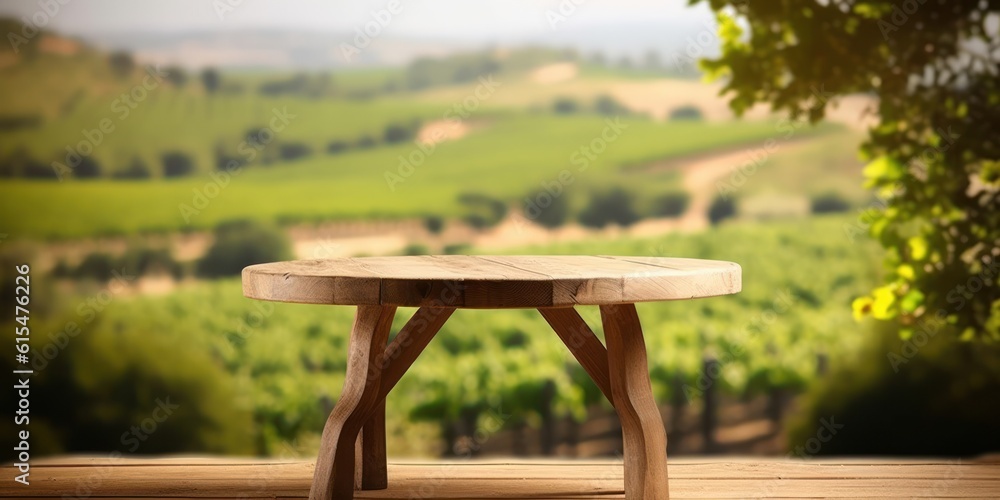 An empty wooden table for product display. blurred french vineyard in the background