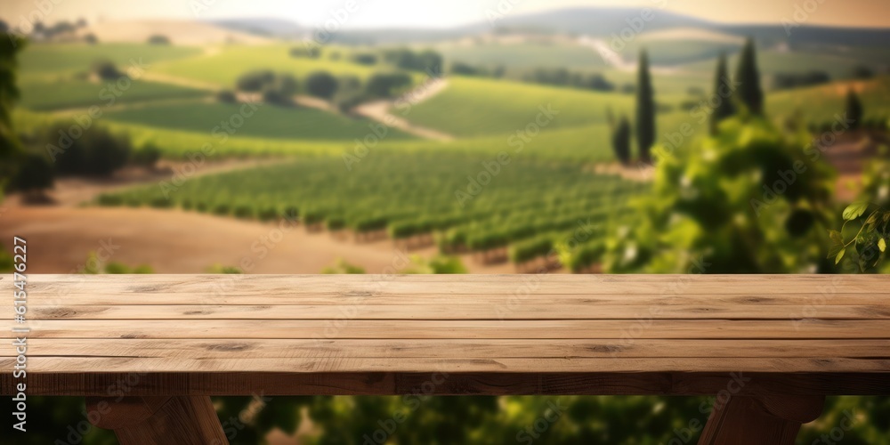 An empty wooden table for product display. blurred french vineyard in the background