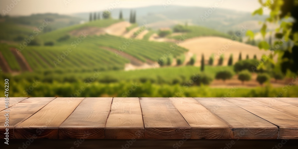 An empty wooden table for product display. blurred french vineyard in the background