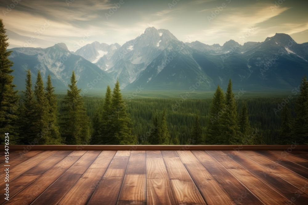 An empty wooden floor table with blurred mountains, rivers, and forest