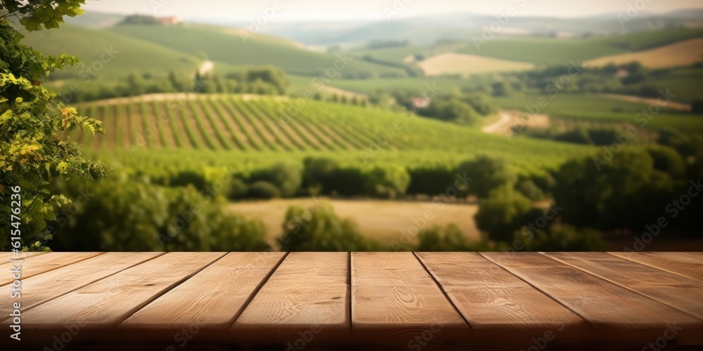 An empty wooden table for product display. blurred french vineyard in the background