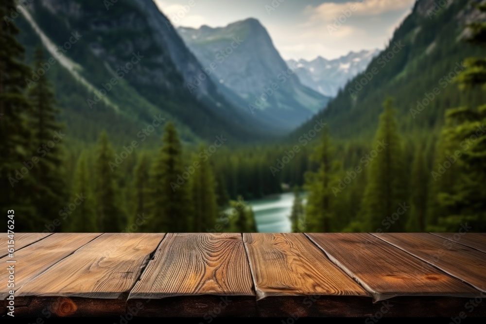 An empty wooden floor table with blurred mountains, rivers, and forest