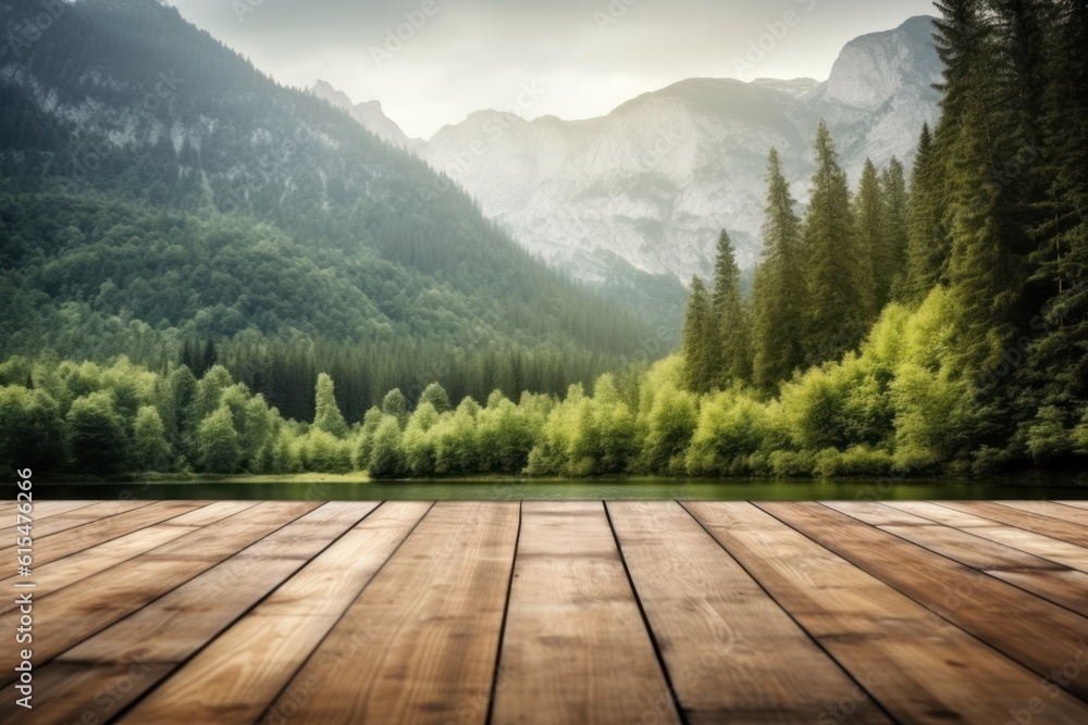 An empty wooden floor table with blurred mountains, rivers, and forest