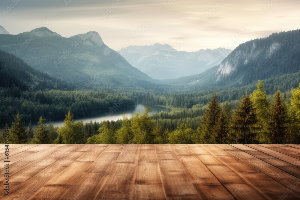 An empty wooden floor table with blurred mountains, rivers, and forest