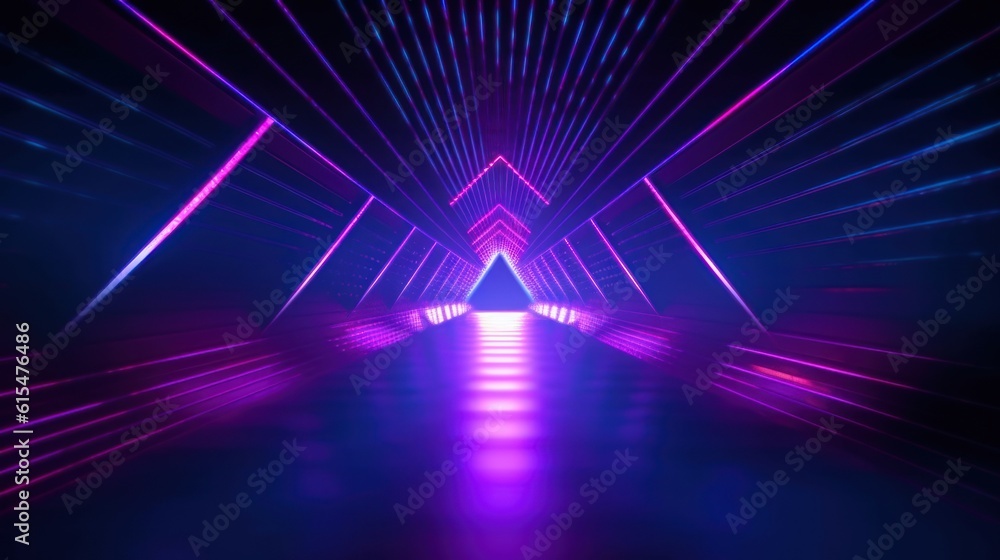 abstract colorful neon background, triangular tunnel illuminated with ultraviolet light