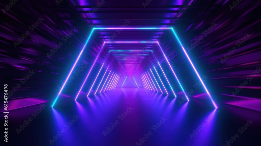 abstract colorful neon background, triangular tunnel illuminated with ultraviolet light