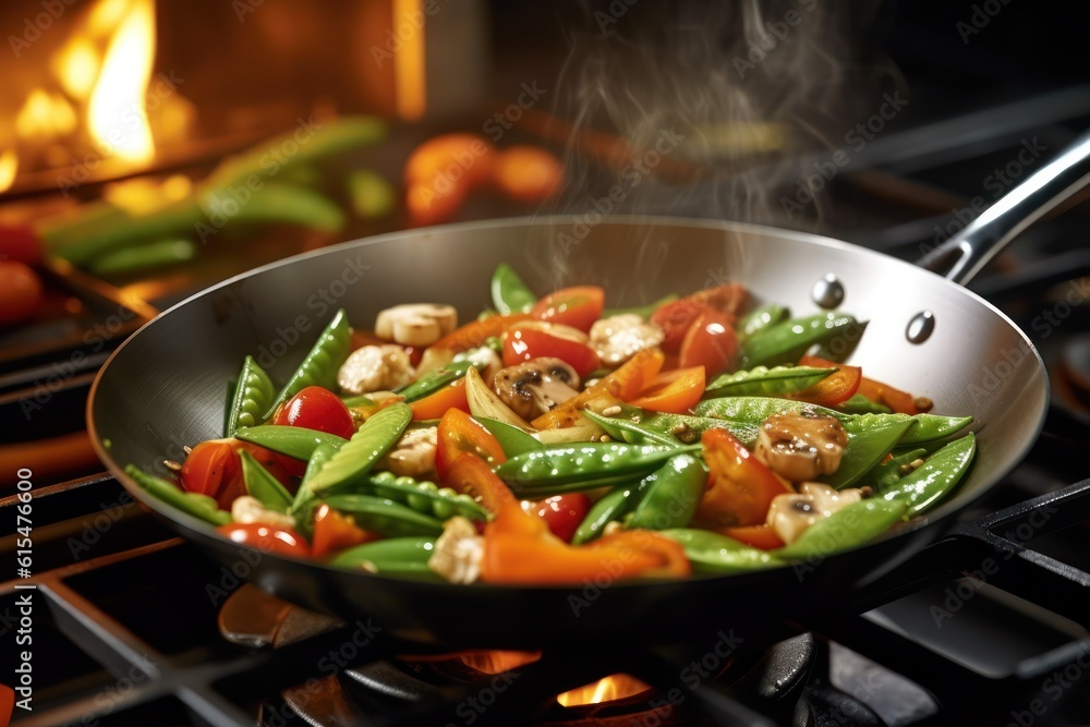 A wok cooking fresh stir fry vegetables