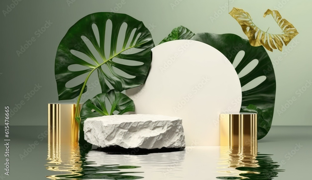 modern premium background. White and gold cobblestone podium and rock platform, green tropical leave