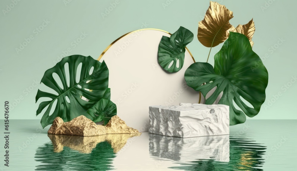 modern premium background. White and gold cobblestone podium and rock platform, green tropical leave