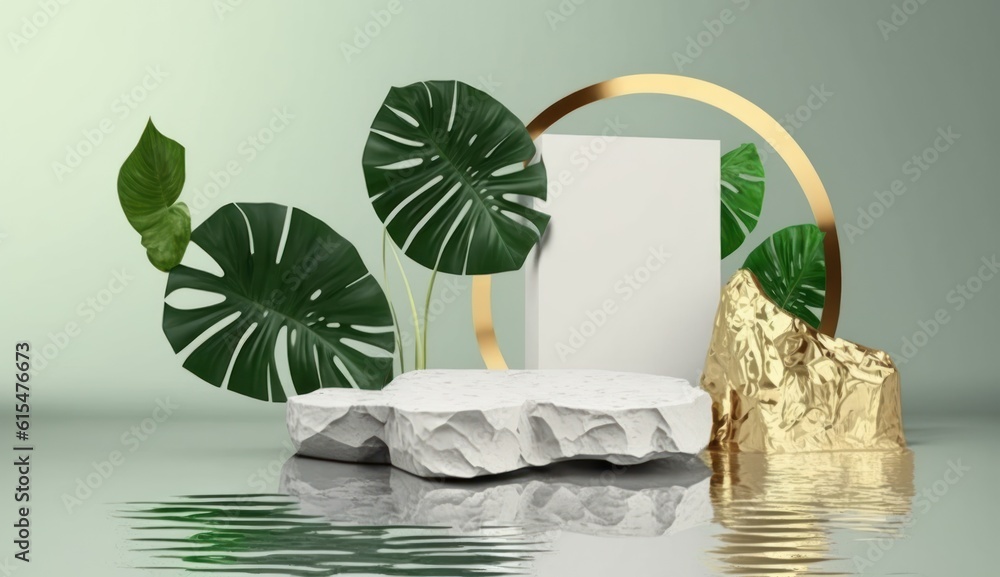 modern premium background. White and gold cobblestone podium and rock platform, green tropical leave