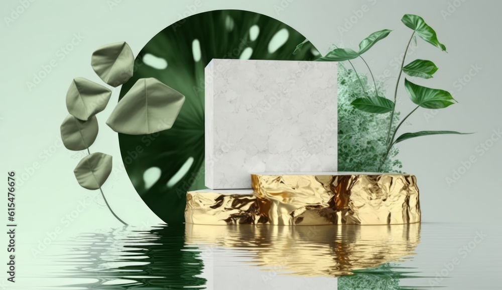 modern premium background. White and gold cobblestone podium and rock platform, green tropical leave