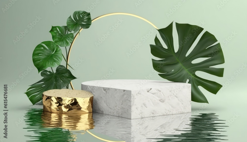 modern premium background. White and gold cobblestone podium and rock platform, green tropical leave