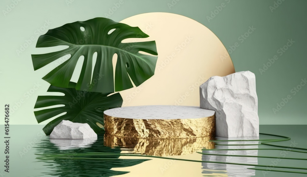 modern premium background. White and gold cobblestone podium and rock platform, green tropical leave