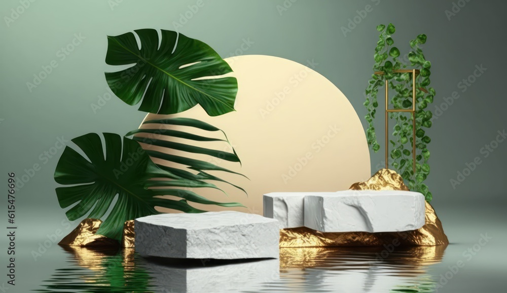 modern premium background. White and gold cobblestone podium and rock platform, green tropical leave