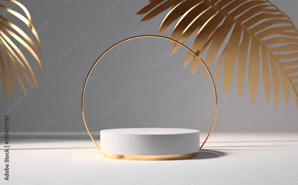 abstract modern minimal white background with golden rings, empty pedestal and palm leaf shadow. Vac