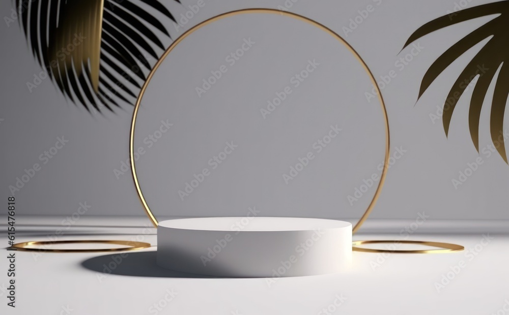 abstract modern minimal white background with golden rings, empty pedestal and palm leaf shadow. Vac