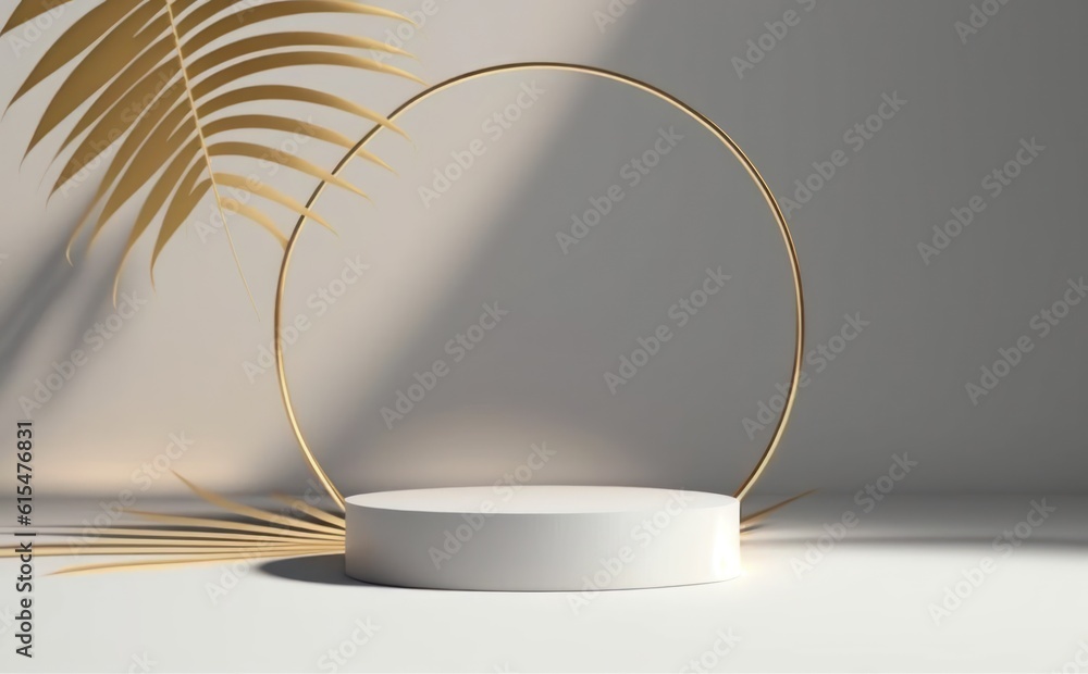 abstract modern minimal white background with golden rings, empty pedestal and palm leaf shadow. Vac