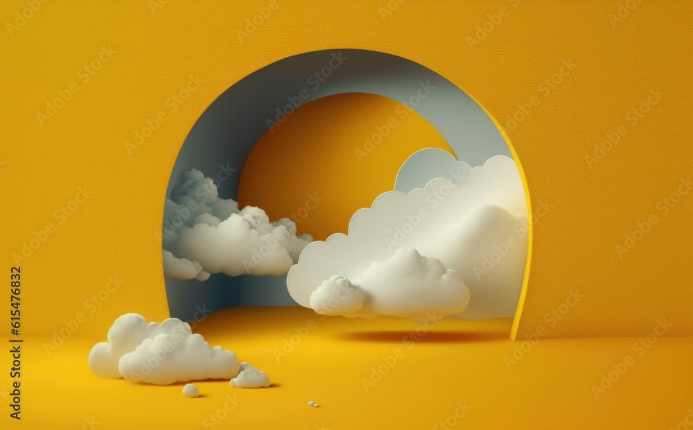 abstract minimal yellow background with white clouds flying out the tunnel