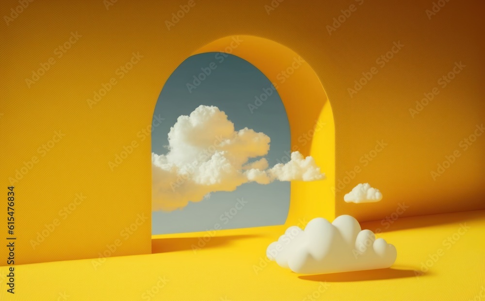 abstract minimal yellow background with white clouds flying out the tunnel