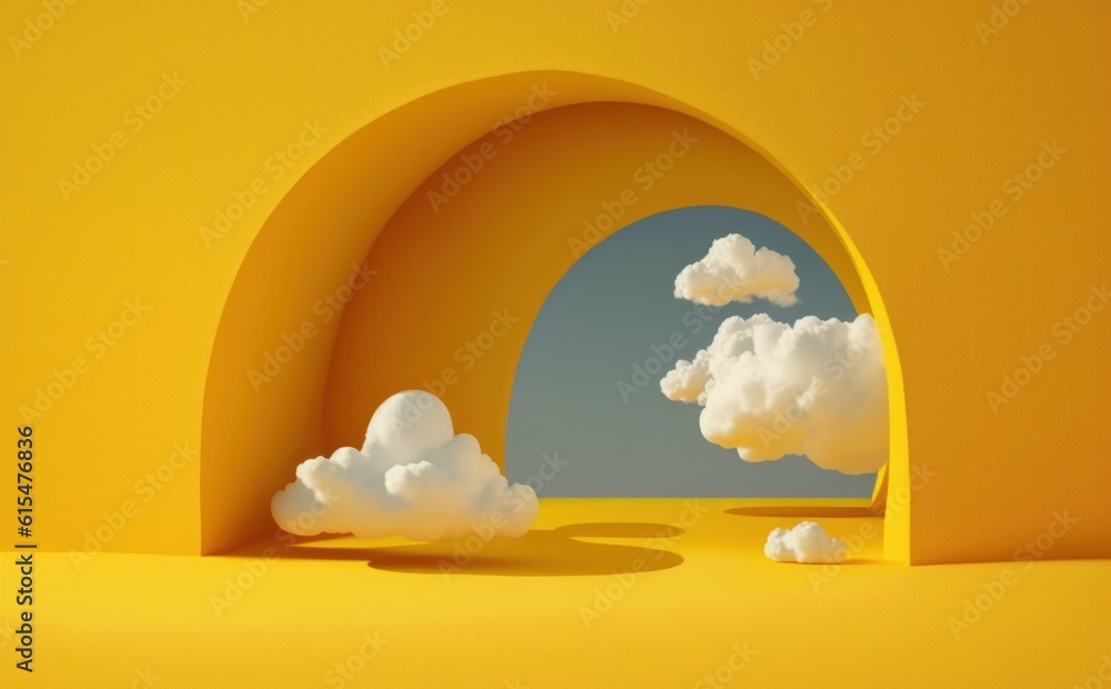 abstract minimal yellow background with white clouds flying out the tunnel