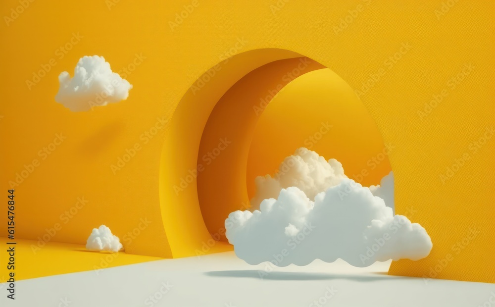 abstract minimal yellow background with white clouds flying out the tunnel