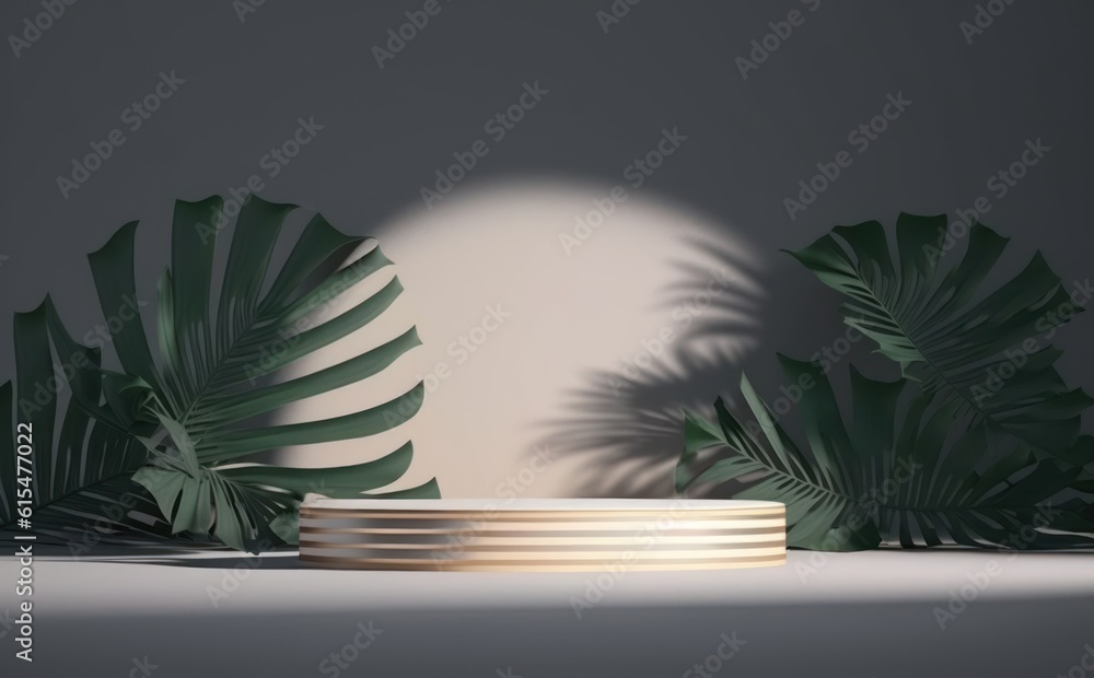 abstract modern minimal white background with golden rings, empty pedestal and palm leaf shadow. Vac