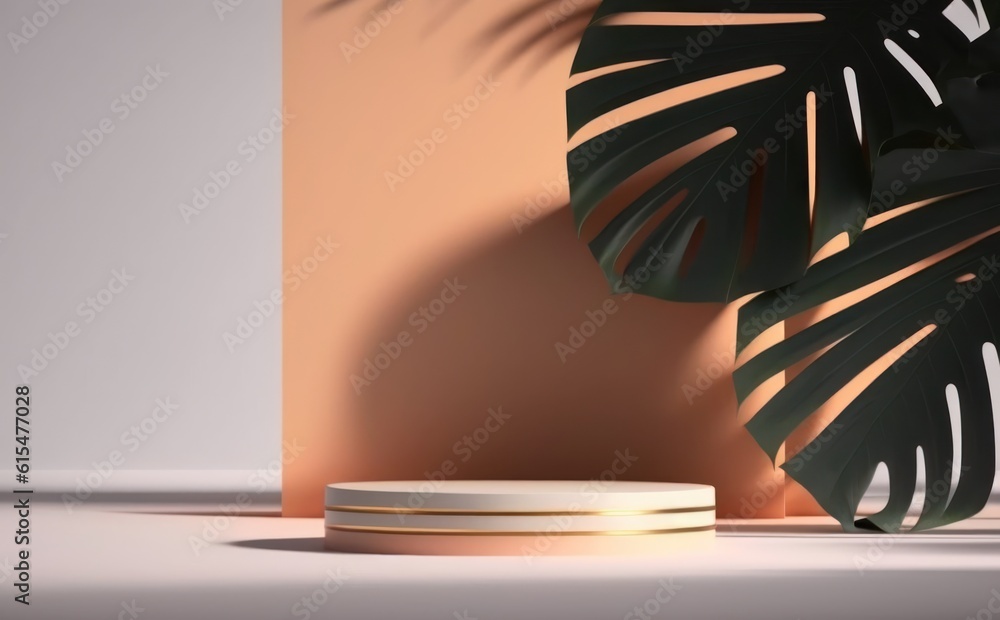 abstract modern minimal white background with golden rings, empty pedestal and palm leaf shadow. Vac