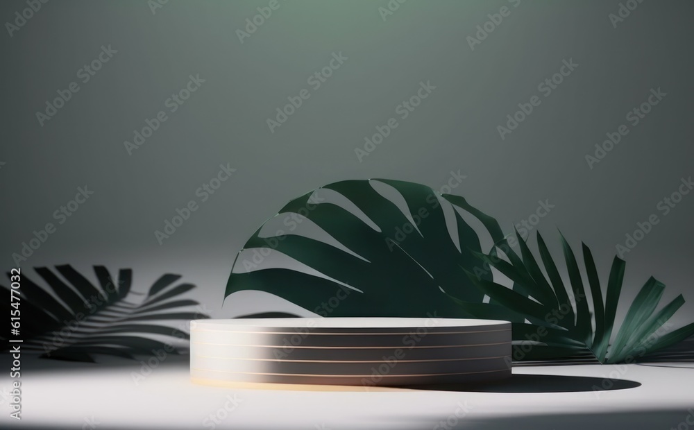 abstract modern minimal white background with golden rings, empty pedestal and palm leaf shadow. Vac