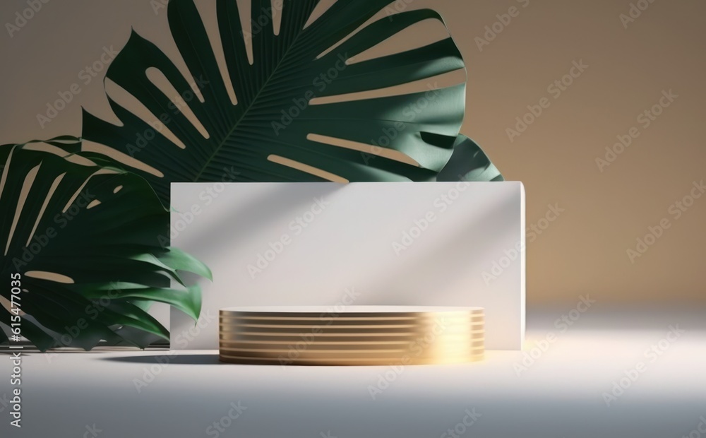 abstract modern minimal white background with golden rings, empty pedestal and palm leaf shadow. Vac