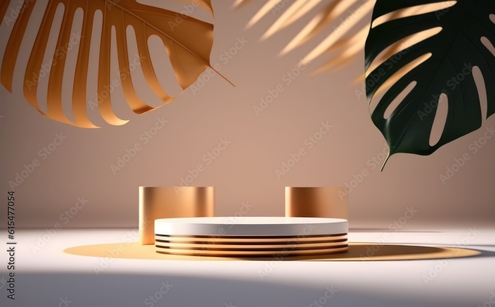 abstract modern minimal white background with golden rings, empty pedestal and palm leaf shadow. Vac